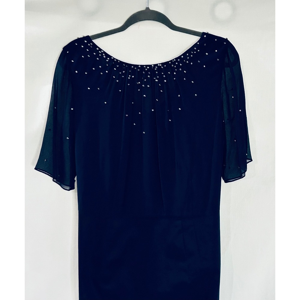 Black Rhinestone Sheath Dress Sheer Flutter Sleeve V-Back Cocktail Dress - Picture 3 of 10
